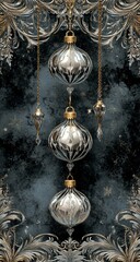Elegant silver ornaments with dark background.