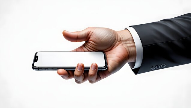 A businessman hand in a suit holds a modern smartphone isolated on a white background