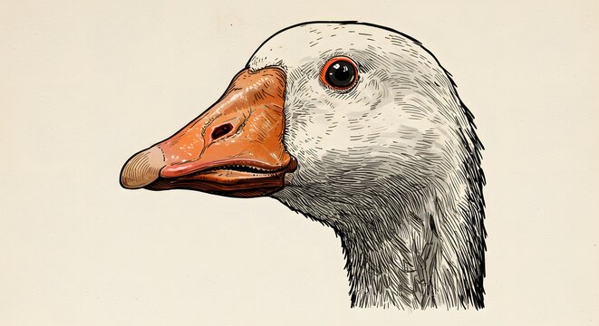 Goose head closeup detailed illustration with orange beak white feathers and black lines
