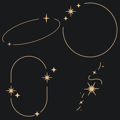 Sparkle star frame. wreath round stardust border for party, birthday decor design. laurel frame with, cosmic glitter shine. isolated black flat vector illustration.