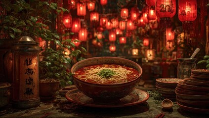 Red bowl of noodle soup, Asian decor
