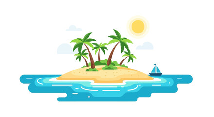 Obraz premium Tropical island with palm trees and sailboat on crystal clear water in sunny day illustration, summer vacation concept banner or poster background