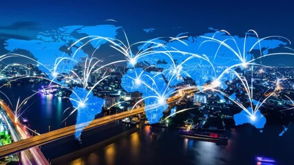 Global Connectivity and Networking Visualization with a World Map and Cityscape Depiction - Powered by Adobe