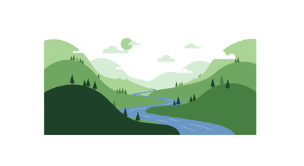 Obraz premium Rolling green hills and tranquil river vector illustration: A serene vista, a winding river, and the sun peeking through gentle clouds to create a
