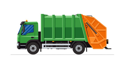Illustration of a green and orange refuse collection vehicle for urban waste disposal, with clean design and modern aesthetic