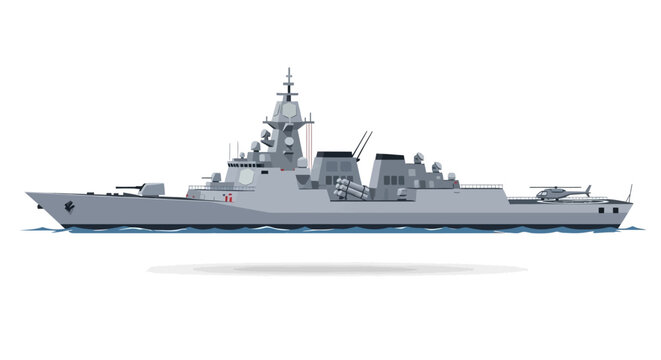 Stylized depiction of a modern warship, showcasing advanced naval technology with clean design elements and a sleek, formidable silhouette against a