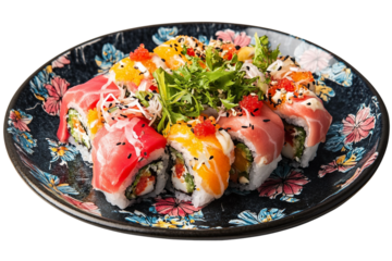Traditional sushi selection with soy sauce and wasabi isolated on transparent background