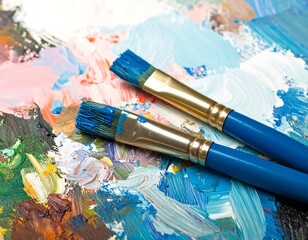 Obraz premium Paintbrushes on palette with vibrant colors