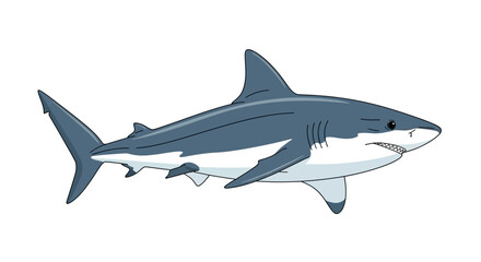 Naklejka premium Cartoon illustration of a great white shark swimming in ocean water with sharp teeth and a streamlined body for kids educational content or marine