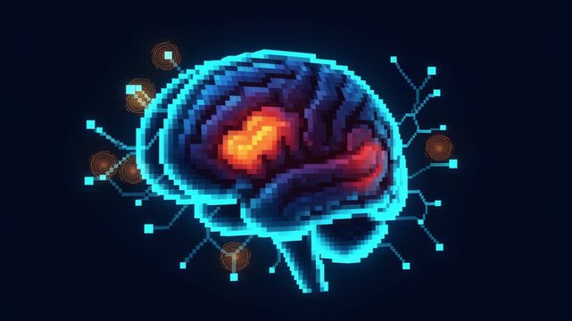 Digital pixel art brain with neural connections on dark background  