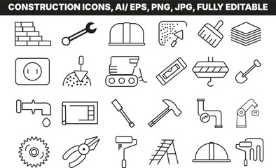 Fototapeta premium A set of black and white construction icons on a transparent background