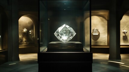 Giant diamond in a museum like display case surrounded by a dimly lit room with only the gem illuminated The mysterious ambiance emphasizes the diamond's rarity and allure