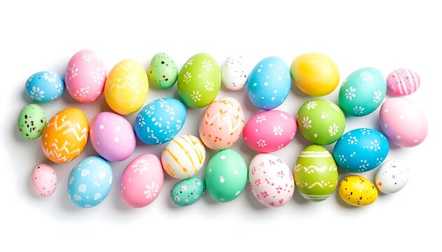 Colorful decorated eggs arranged on white background