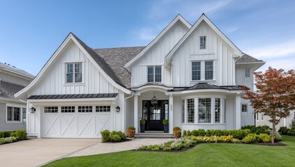White farmhouse-style home with dark accents