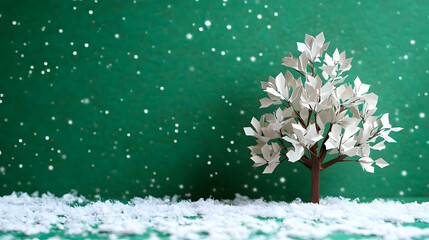 Winter paper tree decor with artificial snow on a green background creating a festive atmosphere during the holiday season