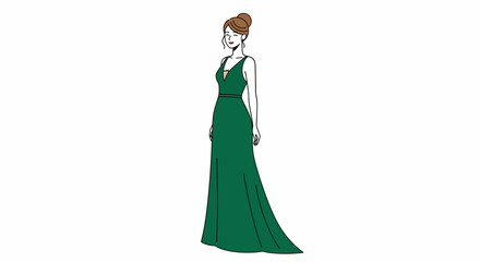 Elegantly Drawn Woman in a Flowing Green Gown, Evoking a Sense of Sophistication and Grace against a Clean White Background