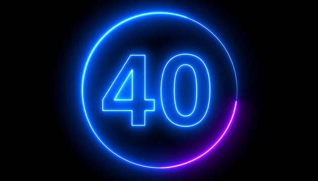 Glowing neon blue and purple ring encircles the number forty on a black background - Powered by Adobe