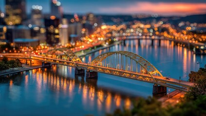 Obraz premium City skyline at twilight, bridge over river