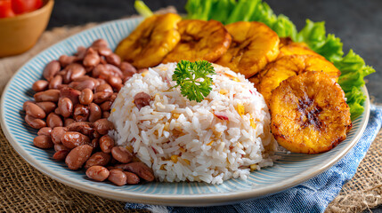 A delicious plate featuring rice, beans, and fried plantains garnished with fresh greens, perfect for a hearty meal.