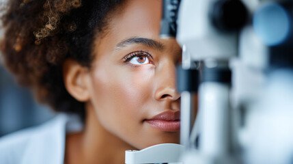 African American woman having eye examination with slit lamp at ophthalmology clinic. Professional vision test and medical screening with modern optical equipment for eye health diagnosis.