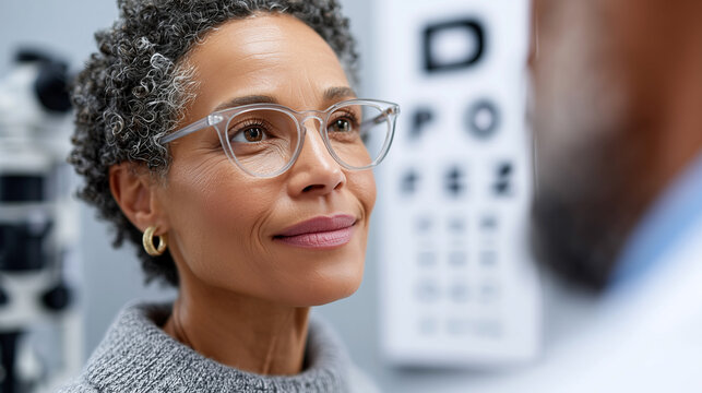 Mature woman wearing new prescription glasses at optometrist office. Professional eye examination with vision chart background. Healthcare consultation for eyesight correction and optical treatment.