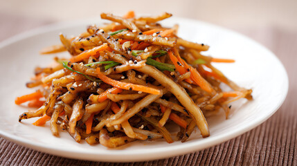 A delicious plate of stir-fried vegetables featuring carrots and sesame, perfect for healthy dining and culinary inspiration.