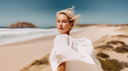 Carefree blonde woman in white flowing blouse with pearl earrings enjoying freedom on sunny ocean beach. Natural summer vacation mood with wind-blown hair and serene coastal backdrop.