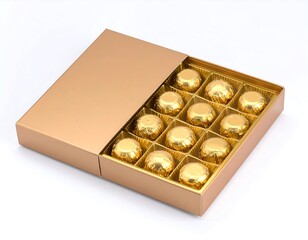 Gold box of chocolates, slightly open, showcasing twelve foil-wrapped sweets
