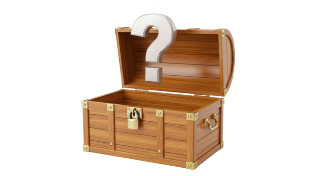 Isolated Wooden Treasure Chest with Question Mark