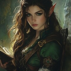 Elven Woman with Book, and Fantasy Portrait.