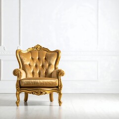 Gold velvet armchair against a white paneled wall