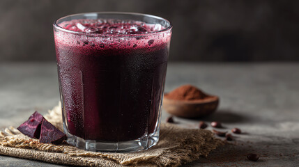 A refreshing glass of purple smoothie made from berries, surrounded by cocoa powder and dark chocolate pieces.