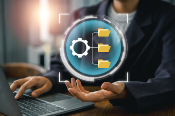 Visual representation of data management with digital folder icons and technology interface, ideal for business and tech themes.