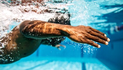 Closeup of Swimmer Arm Stroke Underwater in Blue Pool Training Action