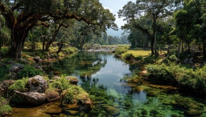 Serene river flowing through lush forest