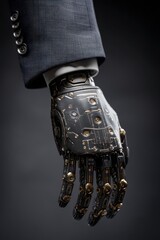 Detailed robotic hand wearing a business suit