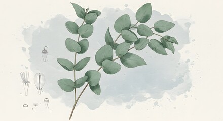 Obraz premium Illustration Eucalyptus branches with round leaves plus diagrams of its parts against a watercolor effect background