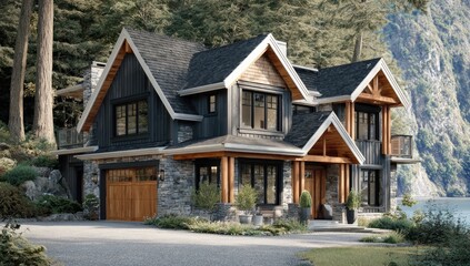 Modern log cabin home nestled in a forested valley