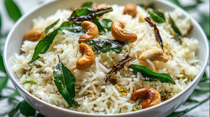 A vibrant bowl of fragrant rice garnished with cashews and fresh herbs, perfect for culinary presentations.