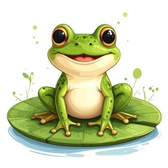 Happy green frog sitting on a lily pad