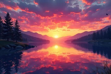 Fototapeta premium Majestic Sunrise over Serene Lake Vibrant Pink, Orange, and Gold Hues Reflecting on Calm Water, Evoking Peace and Tranquility