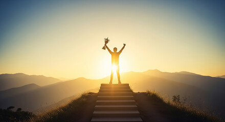 Silhouette of a triumphant person holding a trophy on a mountain peak at sunrise, celebrating success and achievement
