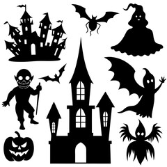  Halloween Silhouette Icon Set Vector, Halloween Silhouettes Elements,  Haunted House Silhouette Vector