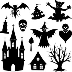  Halloween Silhouette Icon Set Vector, Halloween Silhouettes Elements,  Haunted House Silhouette Vector