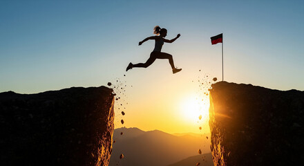 Silhouette of a woman leaping across a wide chasm between two cliffs towards a flag on a distant peak at sunset, symbolizing courage and achievement