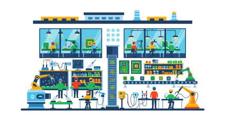 Fototapeta premium Modern manufacturing facility showcasing automation, robotics, and human collaboration in a technology-driven environment where efficiency is