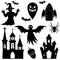 Fototapeta premium Halloween Silhouette Icon Set Vector, Halloween Silhouettes Elements, Haunted House Silhouette Vector