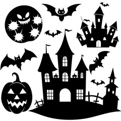  Halloween Silhouette Icon Set Vector, Halloween Silhouettes Elements,  Haunted House Silhouette Vector