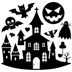 Halloween Silhouette Icon Set Vector, Halloween Silhouettes Elements,  Haunted House Silhouette Vector