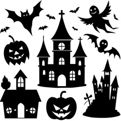  Halloween Silhouette Icon Set Vector, Halloween Silhouettes Elements,  Haunted House Silhouette Vector